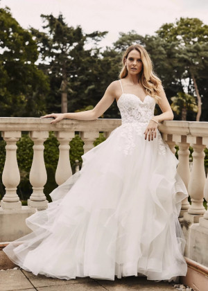 Beaded Spaghetti Straps Ivory Lace Tulle Ruffled Wedding Dress